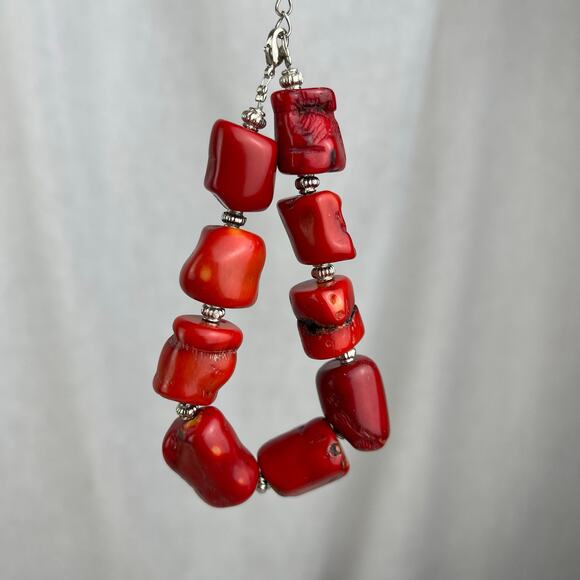 Vintage Y2K Chunky Natural Red Coral Bracelet Silver Tone Chain Pearl Adjustable - Picture 14 of 16